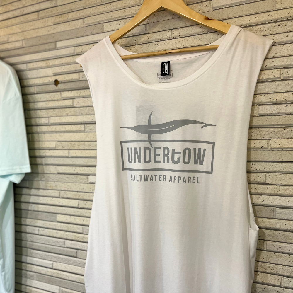 Undertow White Tank Singlet Undertow Logo